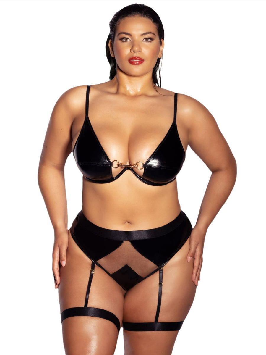 Black - 2PC Vinyl & Mesh Unlined w/ Monowire & Removable Garter Stays