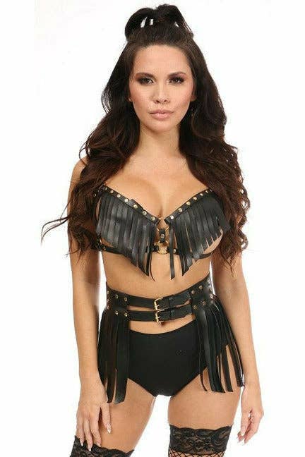 Black/Gold - Vegan Leather Fringe Bra Harness