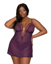 Stretch Mesh Chemise & Robe Set w/ Lace Trim & G-String