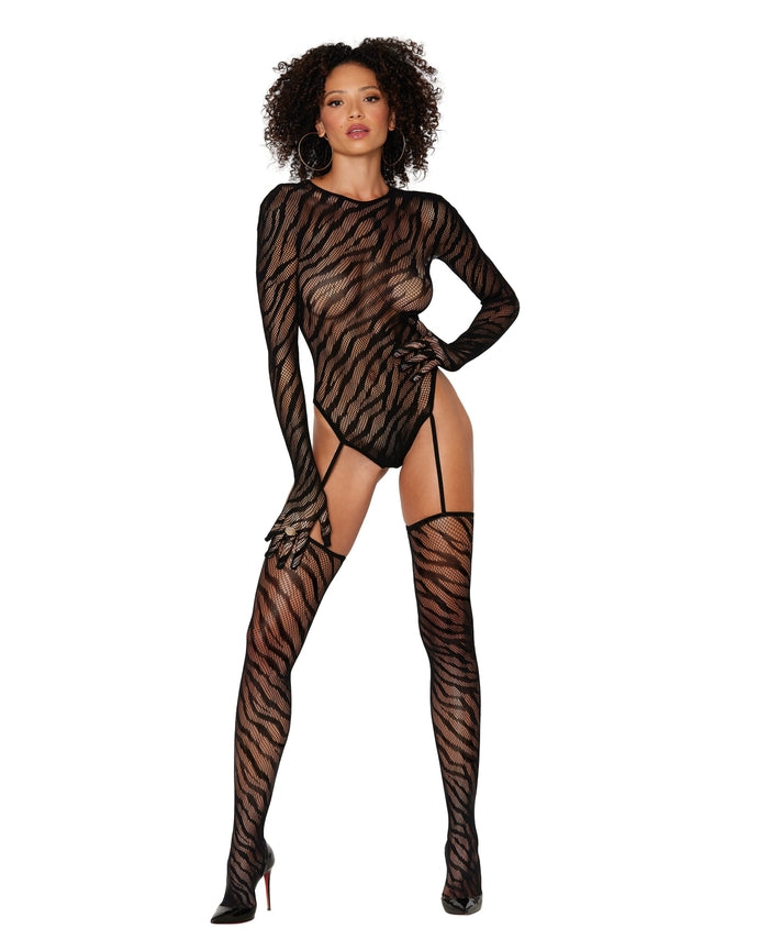 Zebra Fishnet Teddy Bodystocking w/ Sleeves